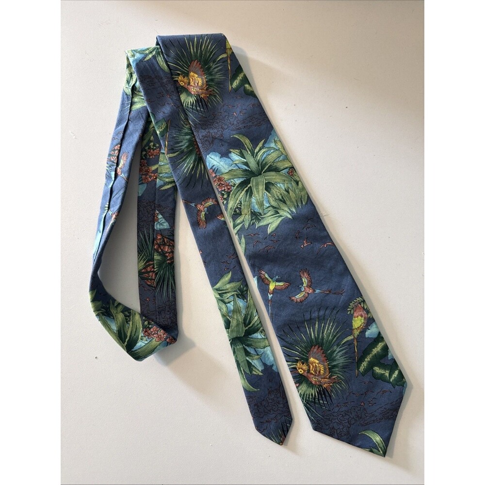Lands’ End Cotton Blue Tropical Birds Foliage Print Necktie Cruise Resort Wear